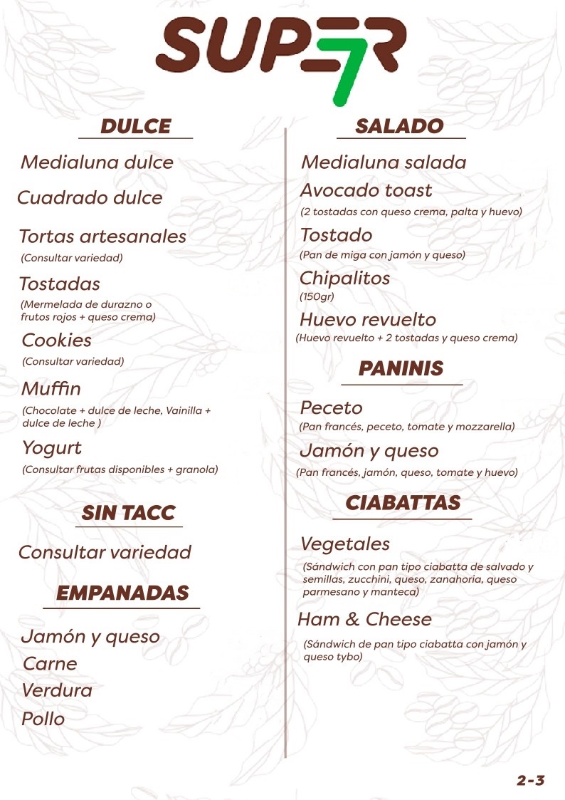 super7café, menú hoja 2